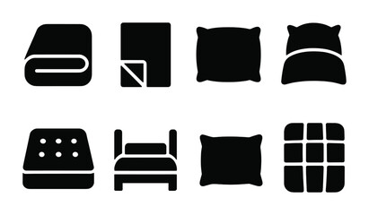 Plakat Home textiles icon set - solid style home decor, bedding, and comfort symbols: blanket, sheet, pillow, bed, mattress, cushion, quilted design