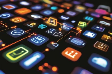 Digital icons representing data processing on a computer screen in a modern workspace, digital icons and data processing over computer servers