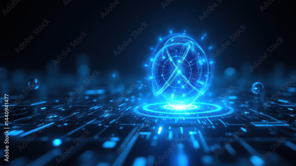 Poster blue glowing digital atom on a grid background with circuit lines and dots.