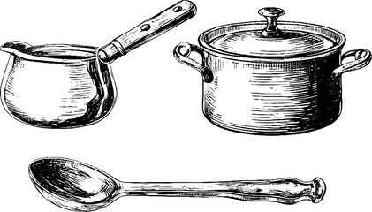 Vintage kitchenware engraving set featuring mini pots and spoon for culinary design