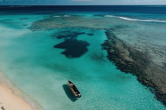 Drone view captures serene moment of a lone boat in crystal blue ocean waters, Beautiful drone shot towards lone boat in ocean