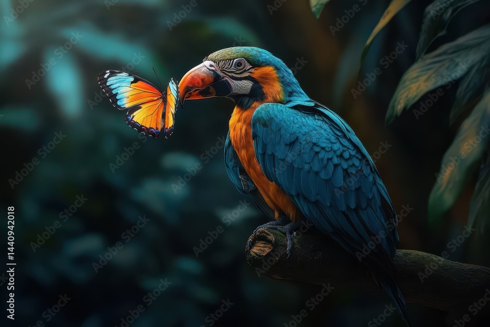 Poster colored bird perched on branch observing a butterfly in a lush tropical setting, beautiful colored s