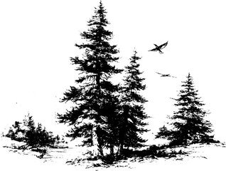 Engraved alpine landscape with trees and birds in monochrome design