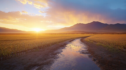 agriculture farm sunrise landscape with watered corn field