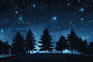 Fototapeta premium Starry night sky above dark silhouettes of tall trees in a tranquil outdoor setting, Starry night sky over silhouette of trees