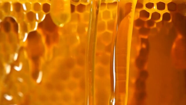 Close-up of honeycomb with dripping golden honey