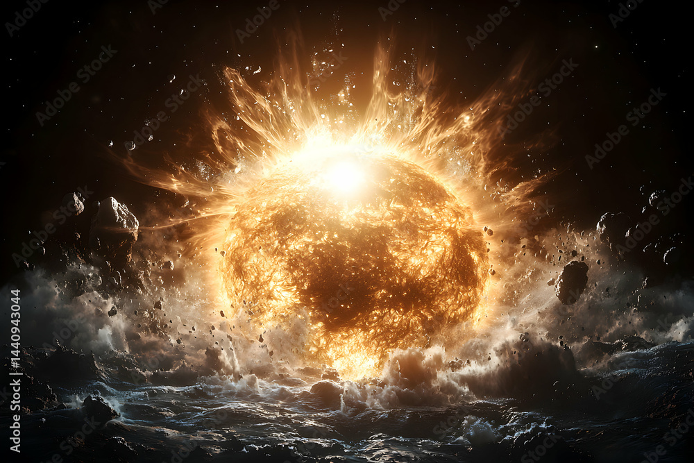 Aufkleber an epic cosmic scene depicting a celestial body exploding. suitable for science fiction book covers 
