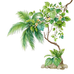 A watercolor painting shows botanical arrangement of tropical plants isolated.