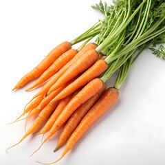 Fresh organic baby carrots, bunch arrangement, white background