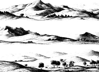 Obraz premium Engraved landscape illustration set featuring rolling hills and mountains