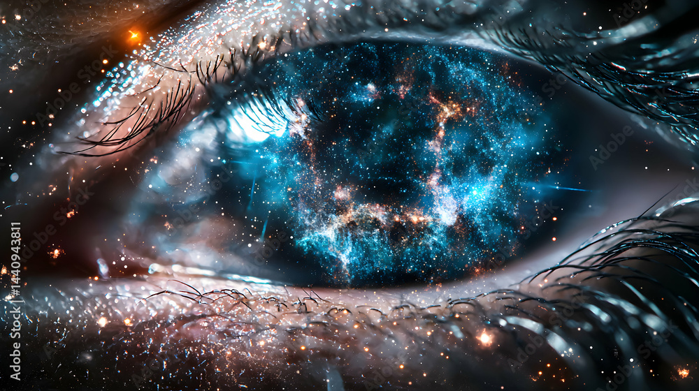 Poster eye reflecting a nebula-like galaxy. suggest using this image for fantasy art or space-themed design