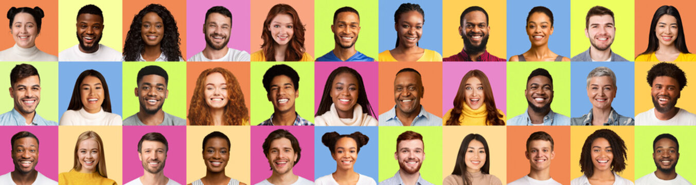 Set Of Multiracial People Faces Smiling To Camera Posing Over Different Pastel Colored Backgrounds. Headshots Of Diverse Men And Women In Collage. Generation Diversity Concept. Panorama