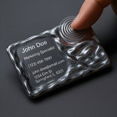 Ultra-realistic concept rendering of a futuristic business card forged from a fluid, silver-alloy &ldquo;liquid metal.&rdquo;