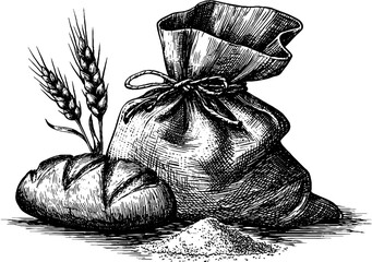 Vintage engraving of wheat ear and bread loaf for culinary art and packaging design