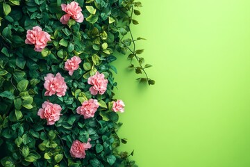 A vibrant arrangement of pink flowers and greenery against a lime background.