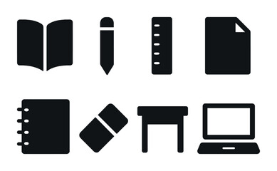 Office and school supplies icons set &ndash; solid style stationery, educational, and workplace symbols: notebook, pencil, ruler, paper, binder, eraser, desk, laptop.