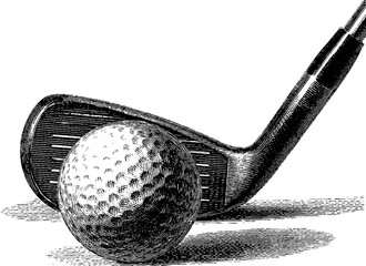 Vintage engraved illustration of golf club and ball for sports design
