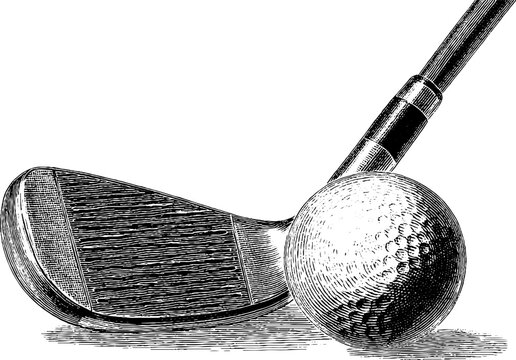 Engraved vintage golf club and ball illustration for classic sports design