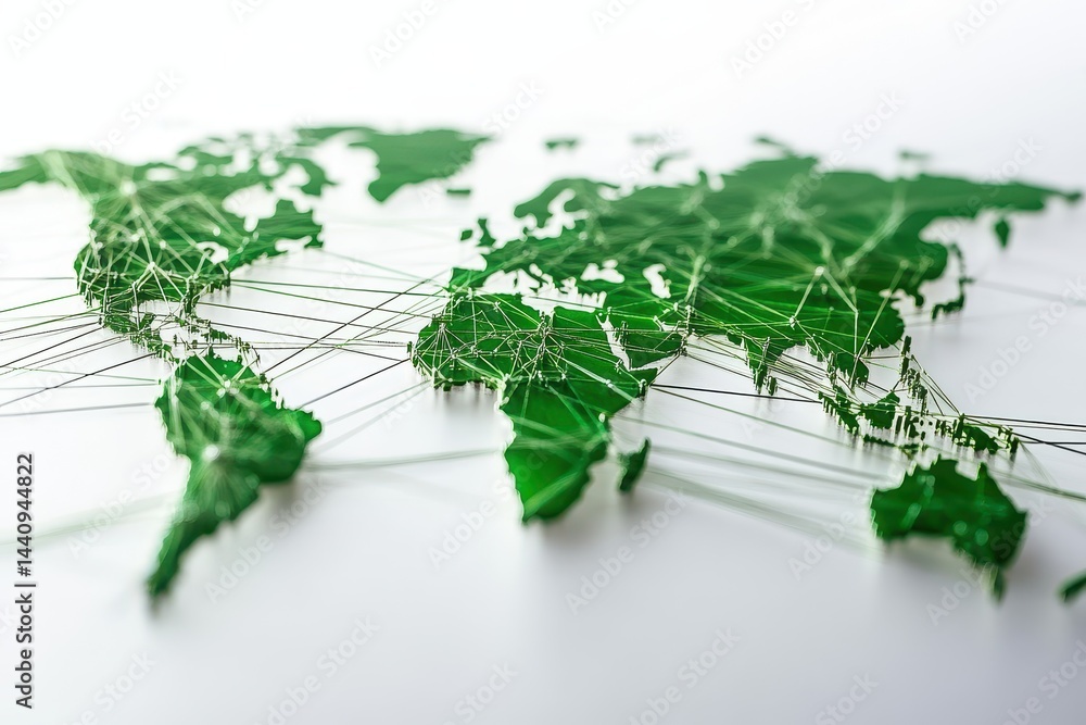 Poster global connectivity represented through a network of connections across the world map, network of co
