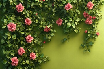 Pink flowers and greenery cascading down a lime wall.