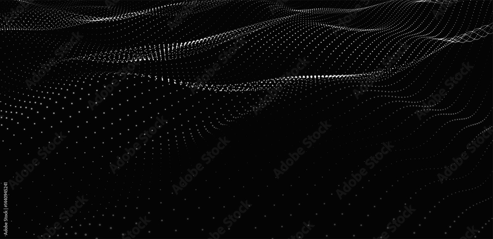 Poster futuristic dot wave. abstract digital particle wave. black and white music wave. dark background. di