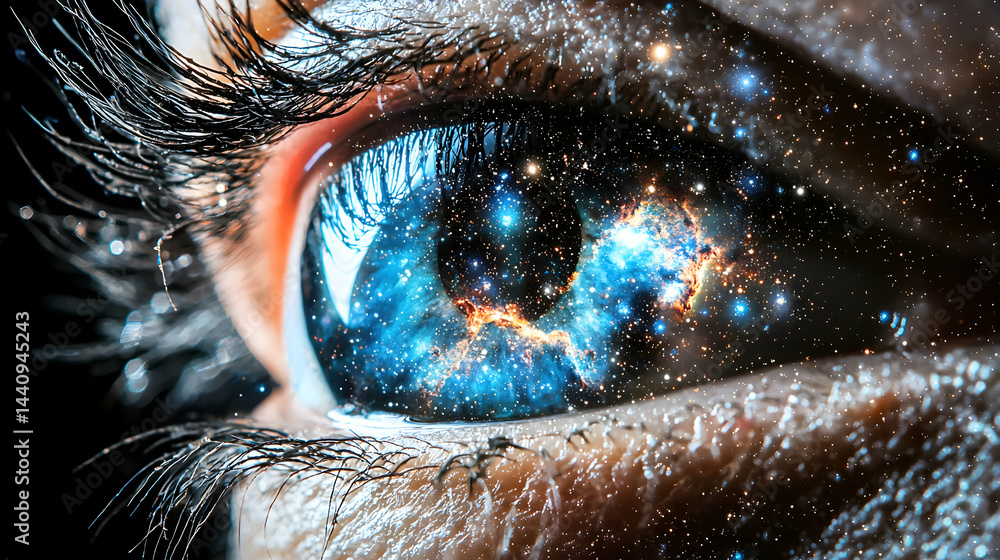 Poster a stunning macro image of an eye with a nebula reflected inside. the image can be used as a wallpape