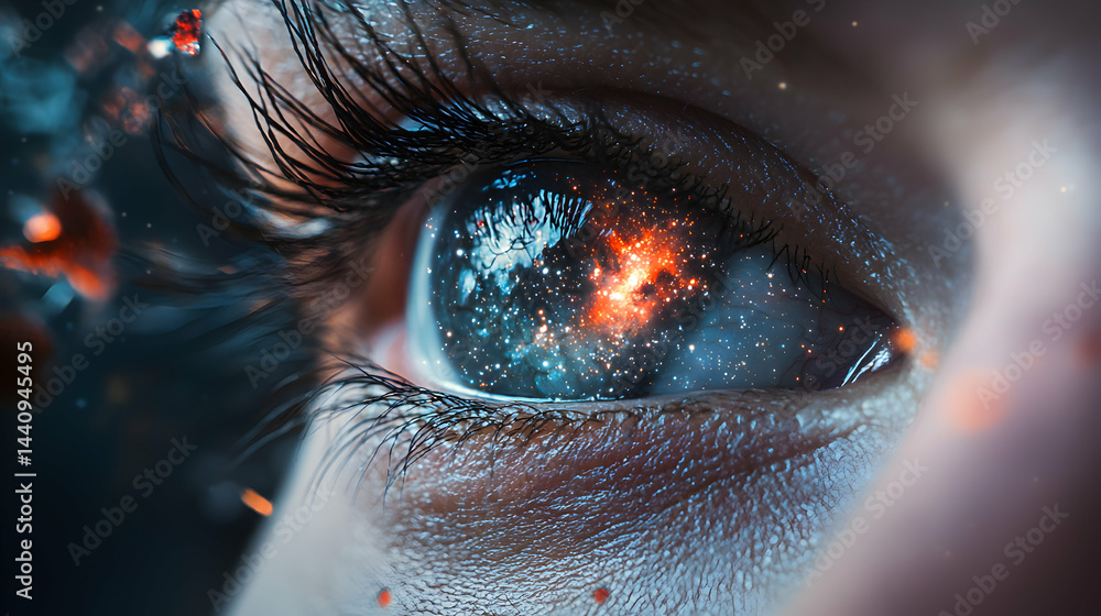 Poster a close up eye with a galaxy reflected in the iris. it sparks imagination and wonder. use this as a 