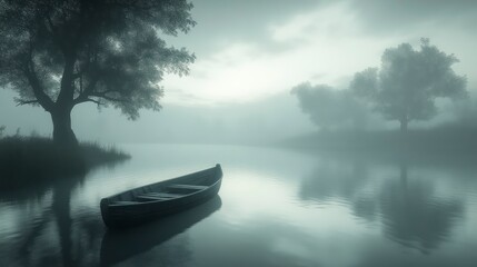 Serene Foggy Lake Scene with Rowboat and Trees Nature Photography Calm Water Reflections Mys
