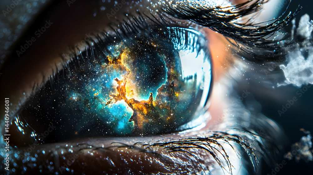 Aufkleber an eye reflecting a nebula suggesting vastness wonder and cosmic connection. great for space art or 