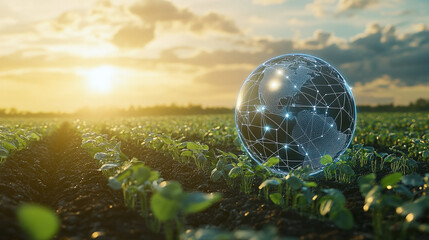 Digital Earth Globe with Network Connections in a Green Field with Seedlings and Sunlight