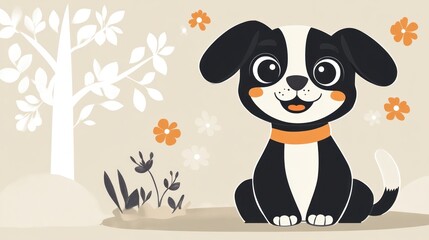Naklejka premium Cute cartoon dog sitting in garden. Possible use children's book illustration