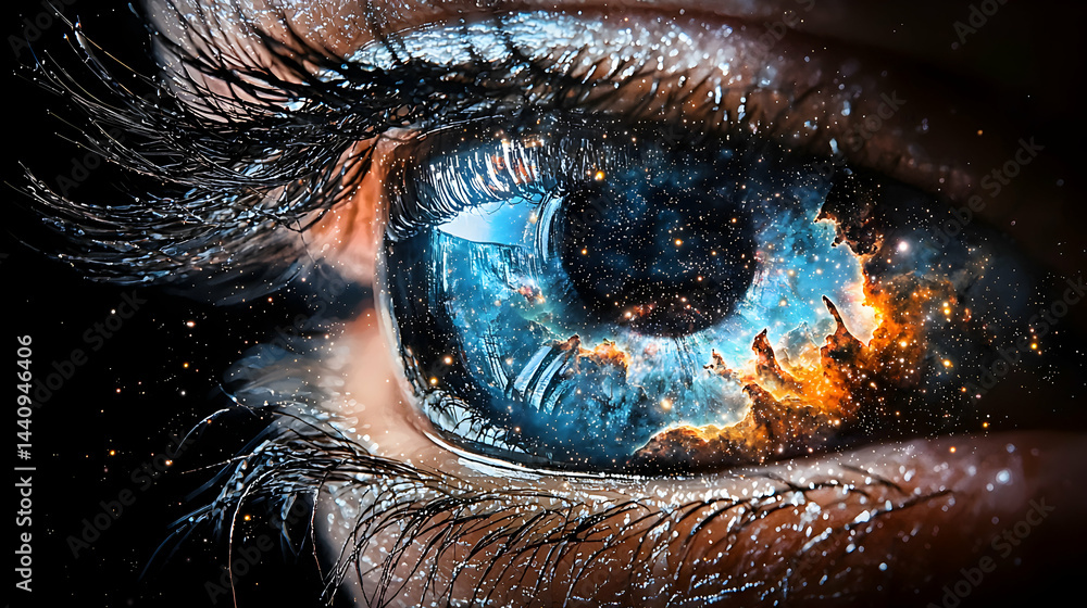 Poster a captivating image of an eye reflecting the cosmos. suggesting limitless imagination and inner expl
