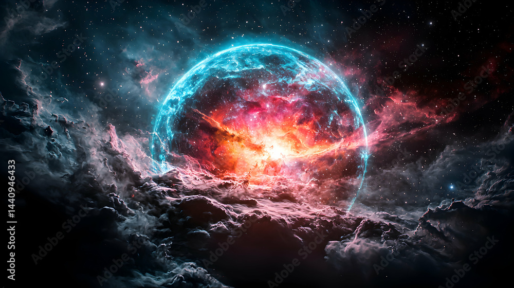 Poster cosmic sphere exploding with vibrant hues. perfect for space-themed visuals and artistic composition