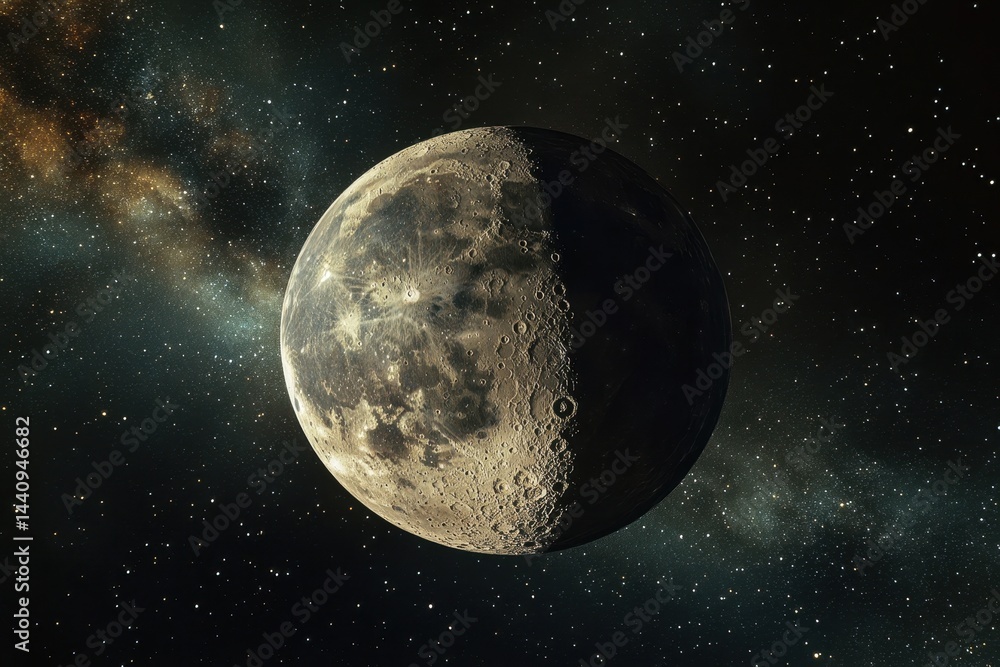 Aufkleber spinning moon sphere in a galaxy with a view of the solar system in deep space, spinning moon sphere