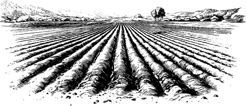 Vintage engraving of ploughed field landscape with trees and hills for rural design