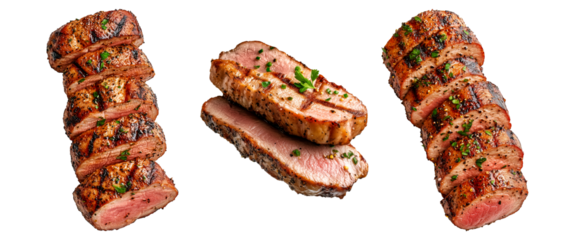 Set of Grilled pork tenderloin slices with shiny barbecue glaze and seasoning isolated on white transparent background, concept of delicious food