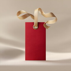 Red gift tag with gold ribbon against soft beige background, mockup gift    