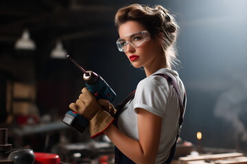 Retro pin-up female worker confidently using a power tool in workshop  