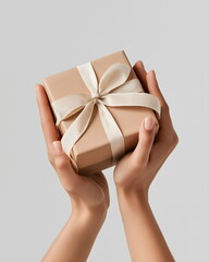Hands holding a beautifully wrapped gift box against a plain background  