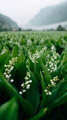 Lush green lily of the valley field with delicate white blooms  