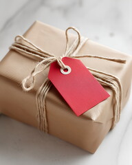 Close-up of a wrapped gift with a red tag on marble background, mockup gift    