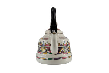 Vintage metal old kettle with patterns isolated on white background
