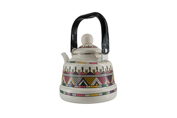 Vintage metal old kettle with patterns isolated on white background
