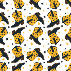 Seamless pattern of cowboy boots. Wild West fashion style. Cowboy western, wild west concept. Hand drawn colored flat vector illustration.