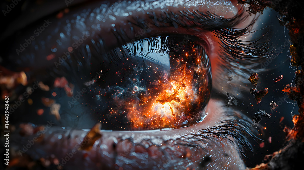 Poster an eye filled with a cosmic nebula. the image suggests a deep connection to the universe. it could b