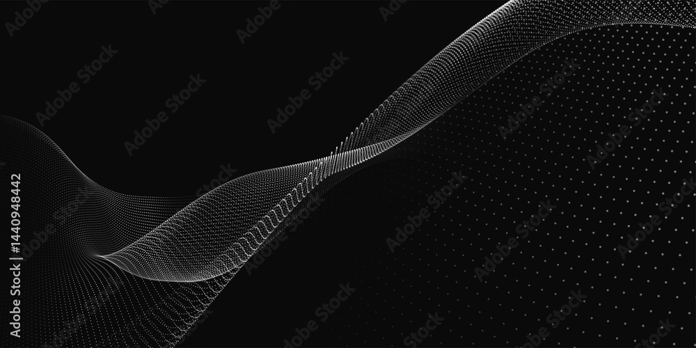 Poster futuristic dot wave. abstract digital particle wave. black and white music wave. dark background. di