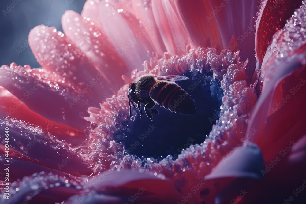 Poster closeup view of a bee pollinating a daisy flower in slow motion with sparkling dew droplets, bee on 