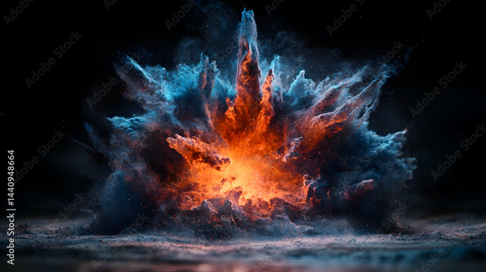 Poster abstract explosion art featuring fiery oranges and cool blues against a dark backdrop. use it for al