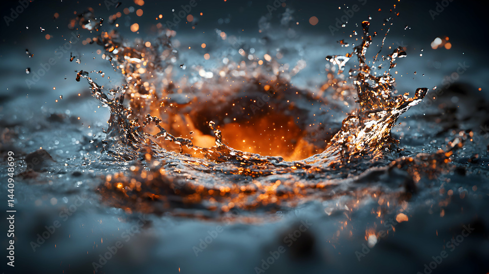 Poster a stunning macro shot of water. splashes create an abstract design with mesmerizing light and depth.
