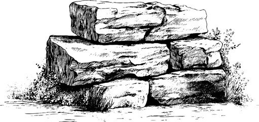 Detailed engraved stone wall illustration set for architectural design